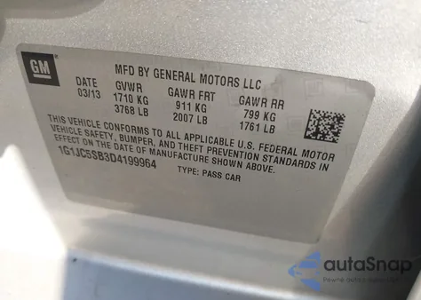 2013 Chevrolet Sonic Lt Auto z USA, uszkodzony, nr VIN 1G1JC5SB3D4199964